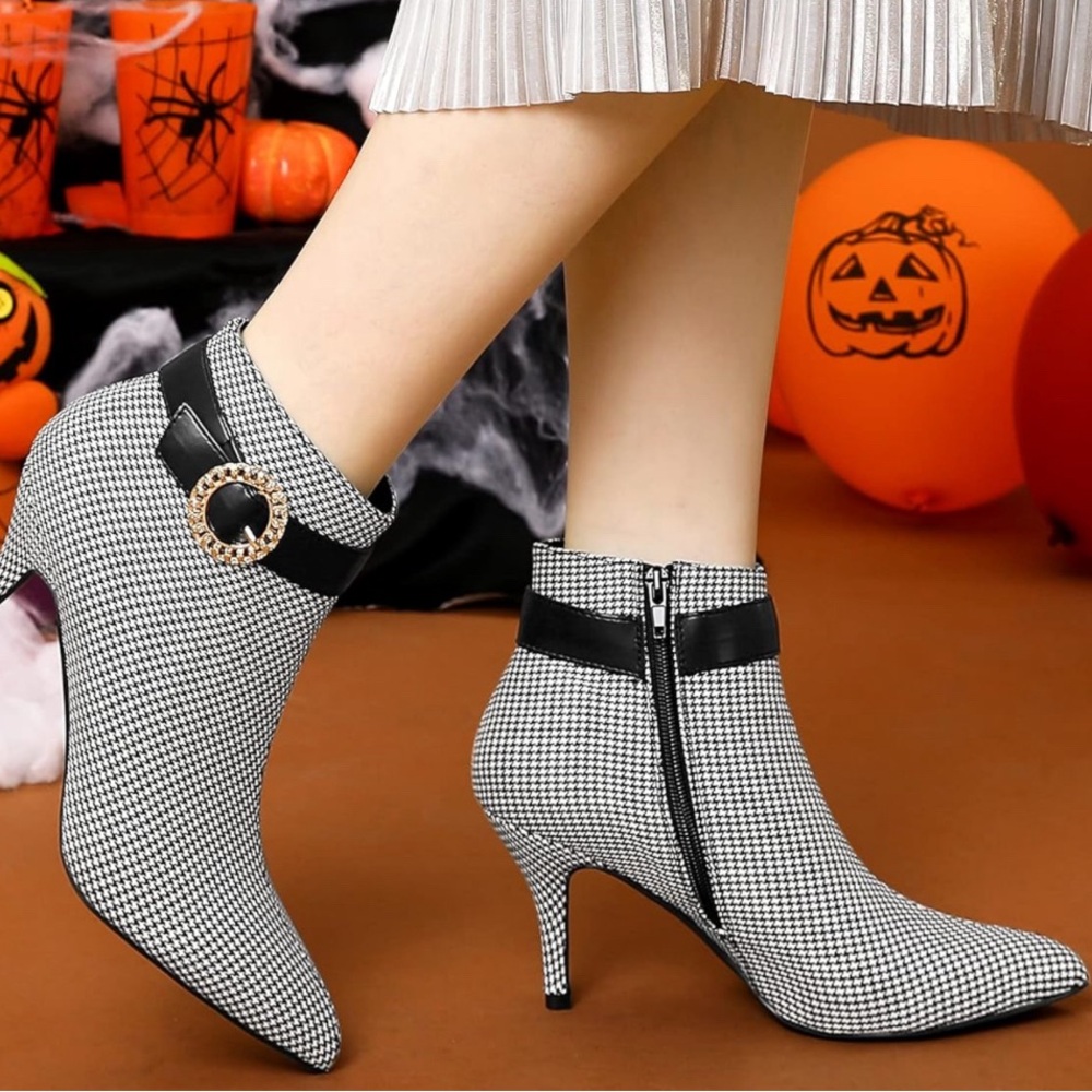 Allegra K Houndstooth Ankle Boots Heels, Plaid Stiletto NWOT